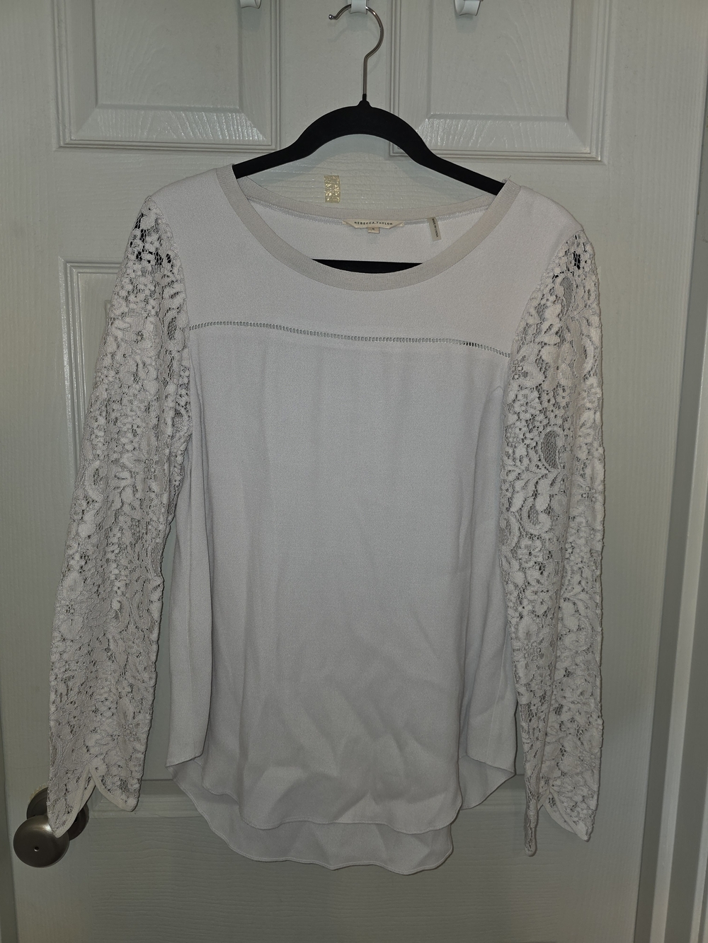 Rebecca Taylor Ivory Lace-Sleeve Long Sleeve Top